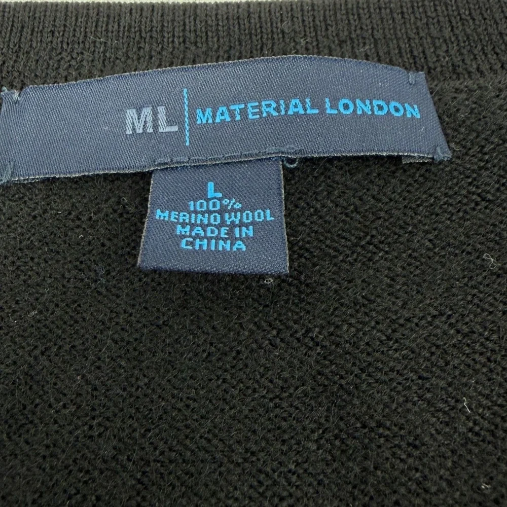 ML MATERIAL LONDON Mens V Neck Argyle Sweater‎ WOOL Black White Grey Size L